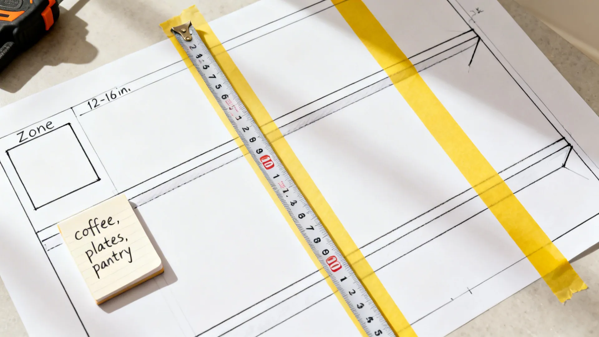 Top-down scene with tape measure and painter's tape marking vertical shelf spacing for zones.