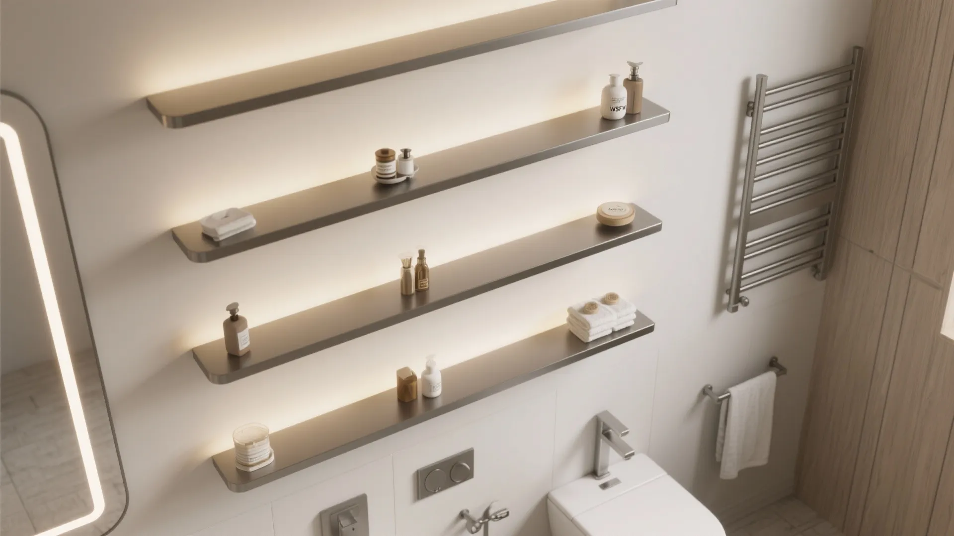 Top-down layout showing comfortable spacing between floating bathroom shelves