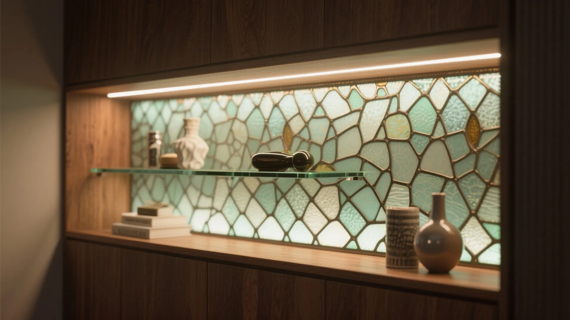 Shallow built-in shelf with a stained glass front lit by internal LED strips showcasing display objects.