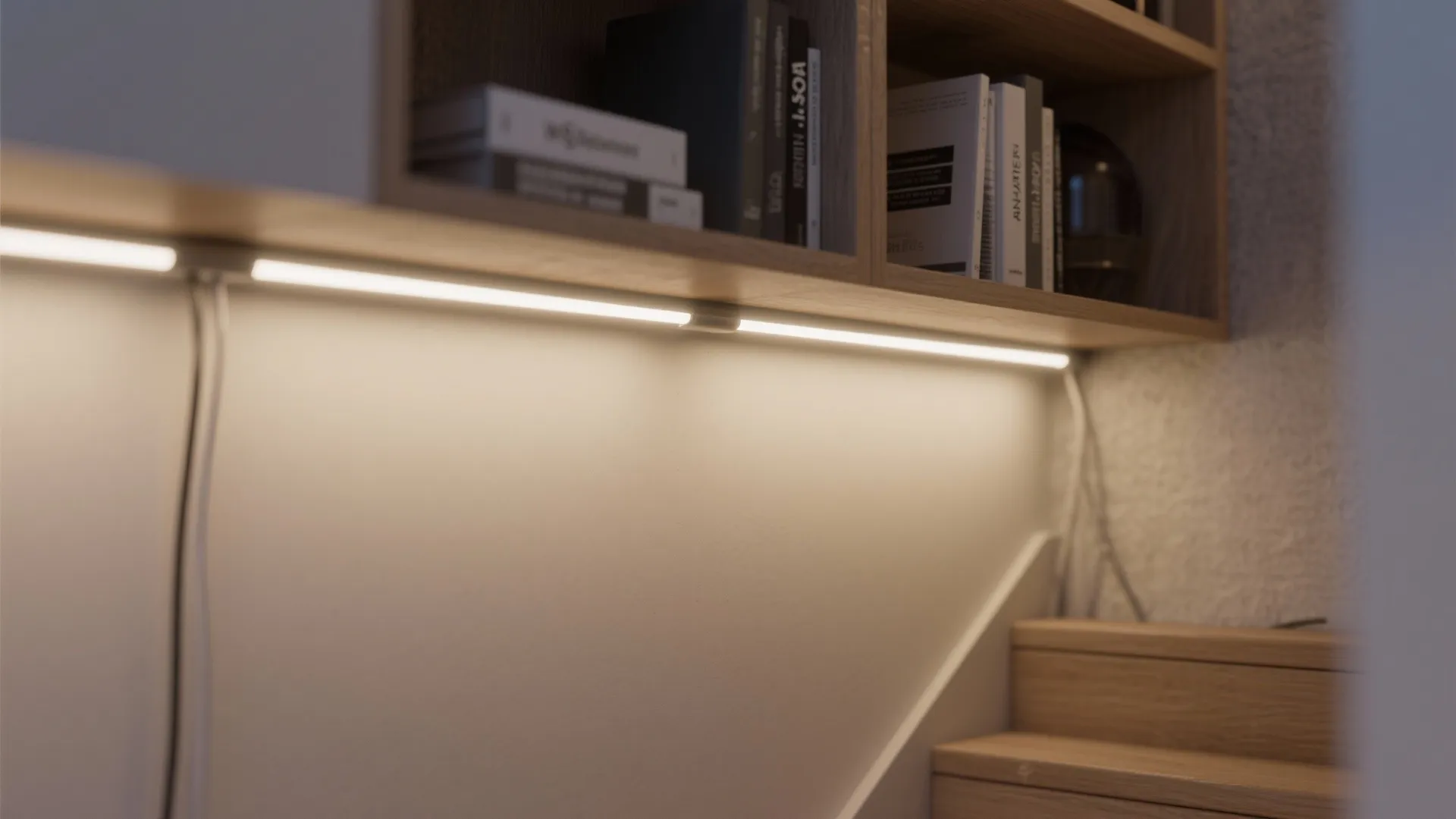 Strip lights under floating shelves and steps in a micro-apartment creating a cozy nook