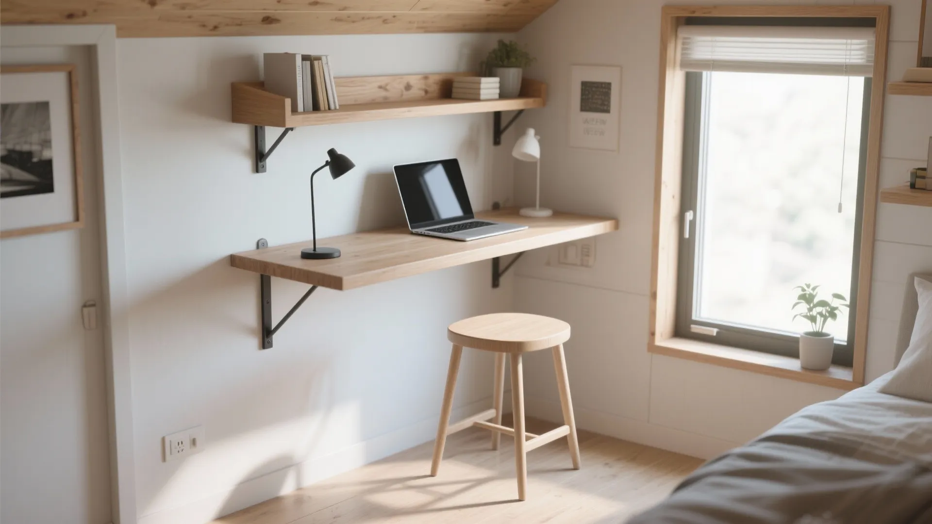 Wall-mounted shelf workspace with stool in small bright room