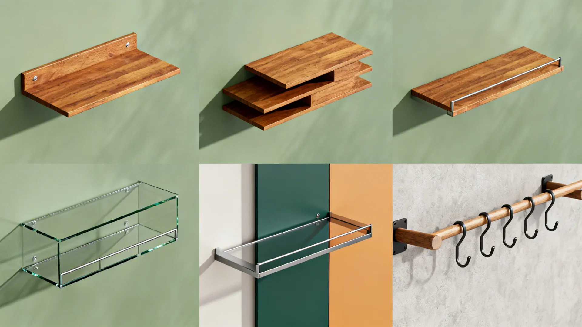 Top-down composite showing five open-shelf strategies with wood, glass, color block, layers, and rails.