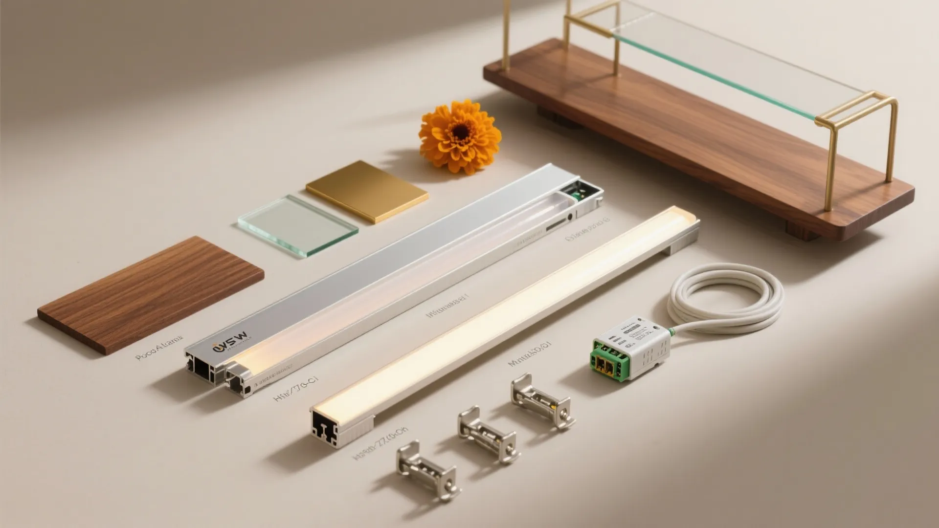 Collection of LED strip lights with glass samples and wooden boards on a plain surface
