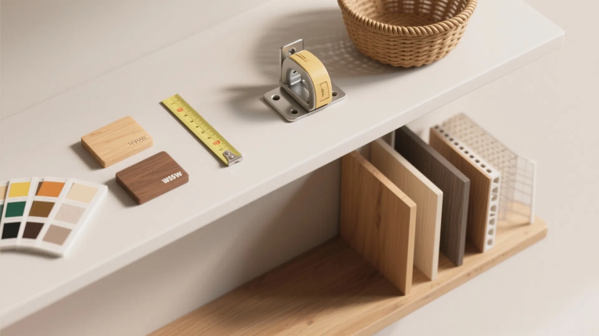 Flatlay of shelf styling samples: paint swatches, wood samples, brackets and baskets to plan shelving choices.