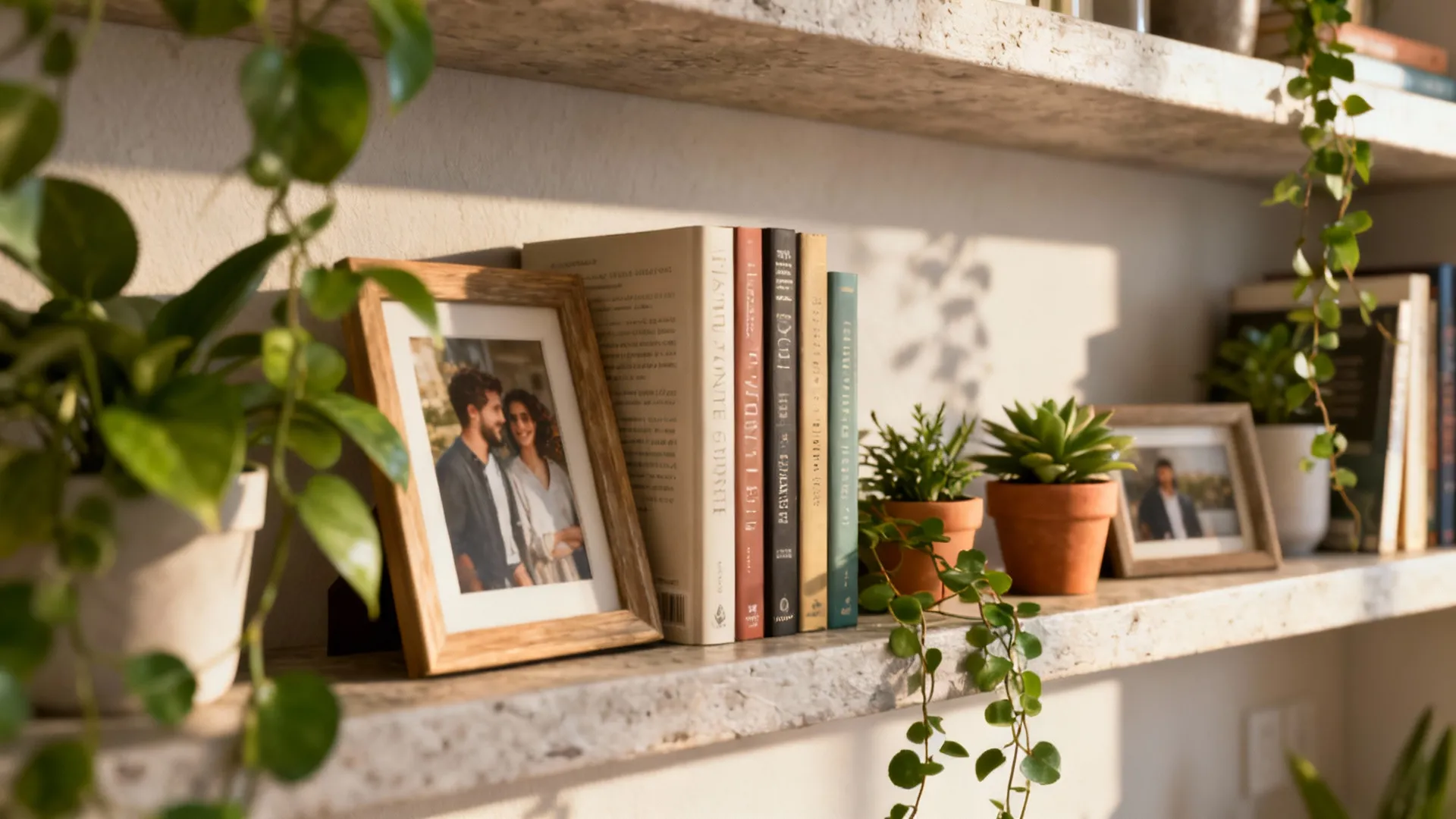 Styled shelf mixing books, framed photos, and small potted plants with trailing vines.