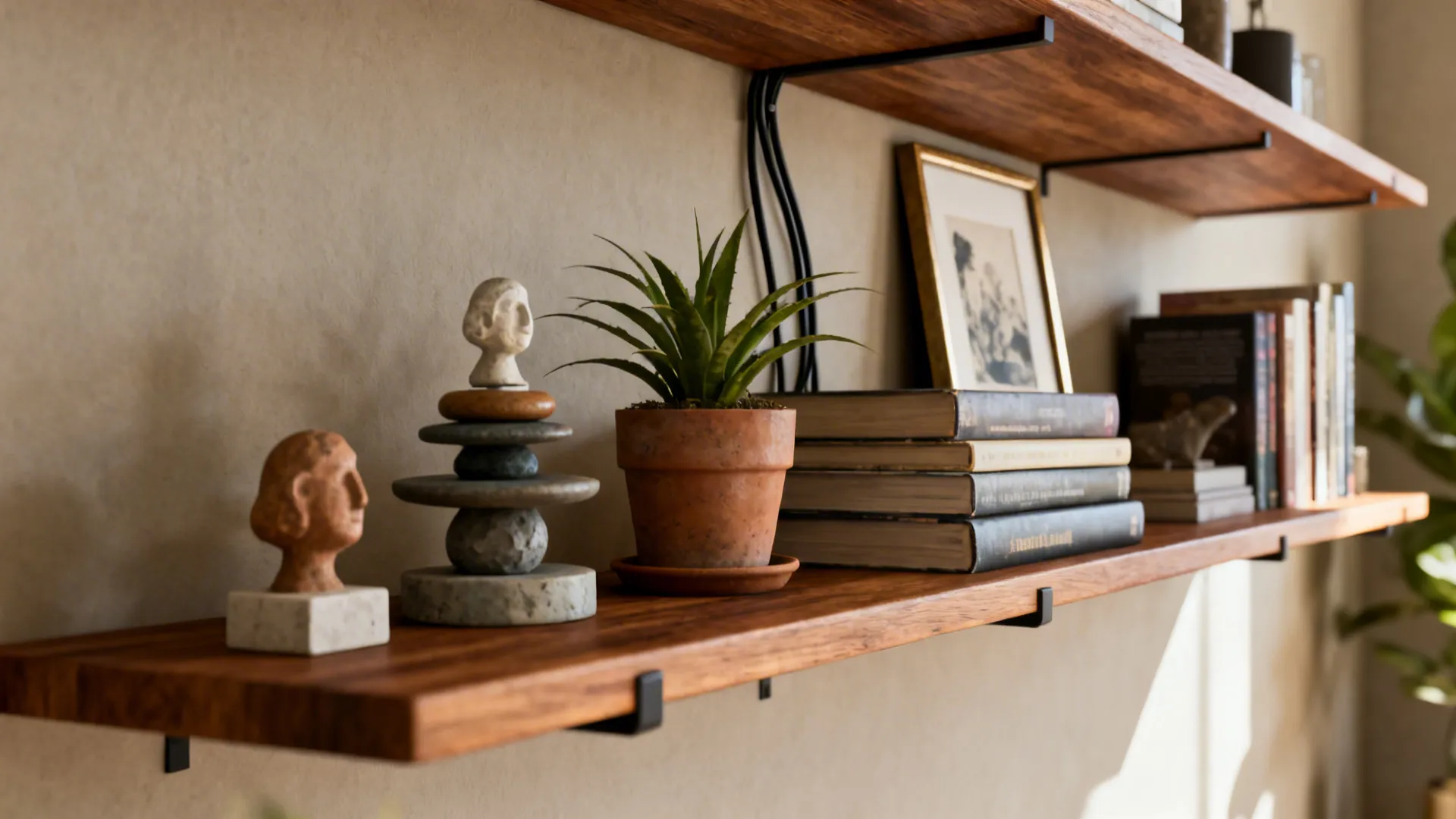 Floating shelves with plants, small sculptures and a framed print used for display and storage.