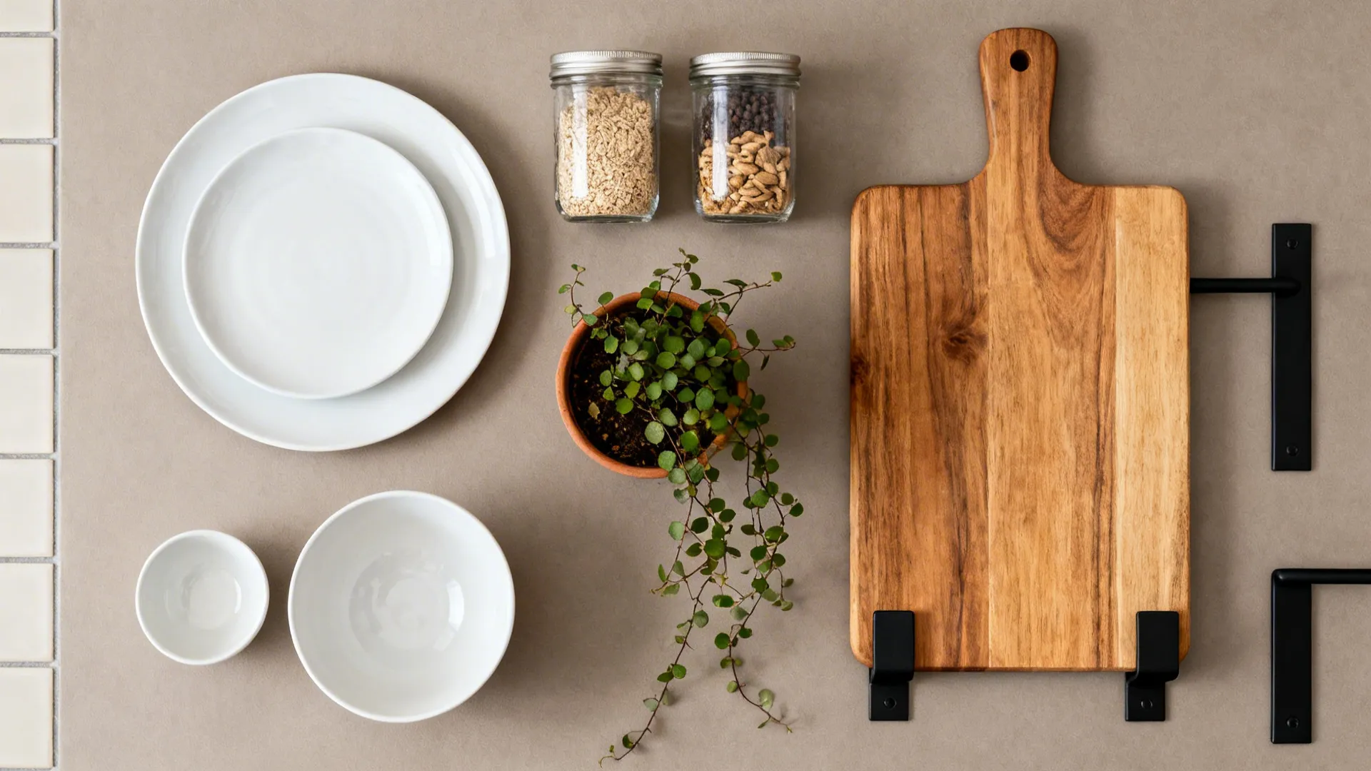 Flat lay of white dishes, clear canisters, wood boards, plant, and black brackets for open shelves.