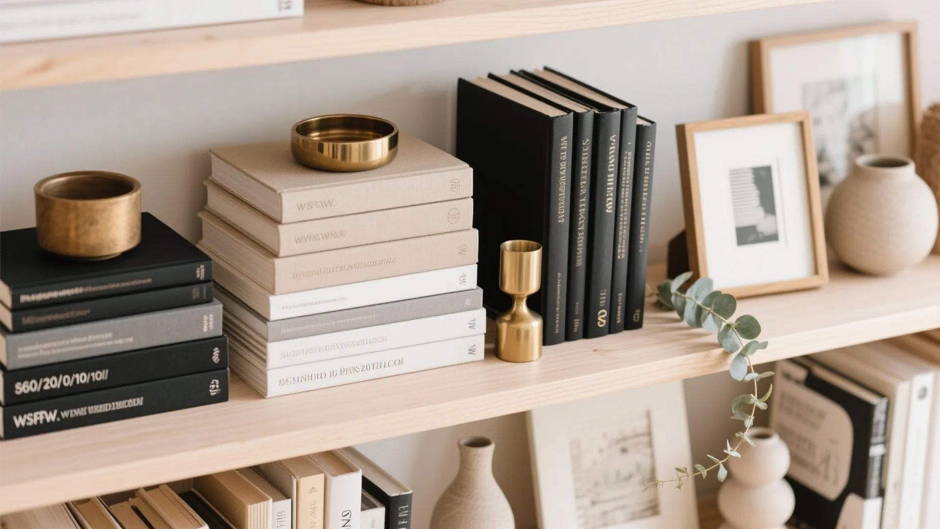 Wooden shelf decorated with stacks of books golden bowls picture frames a vase and leaves