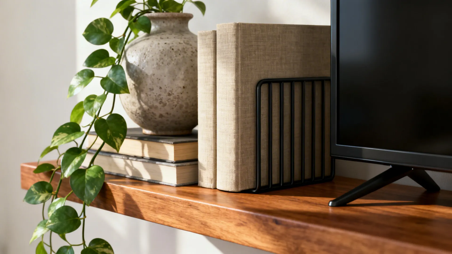 Close-up of an oak shelf with a ceramic vase, linen-bound books, and a trailing pothos near the TV.