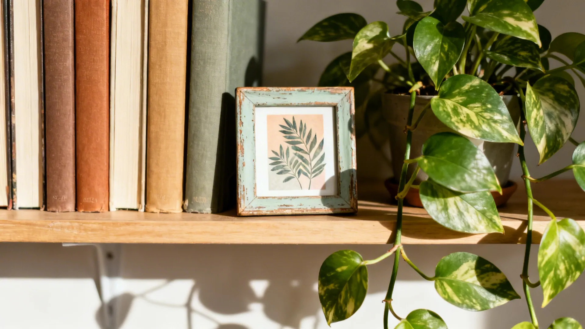 Wooden shelf holding old books with a small framed picture and a green potted plant