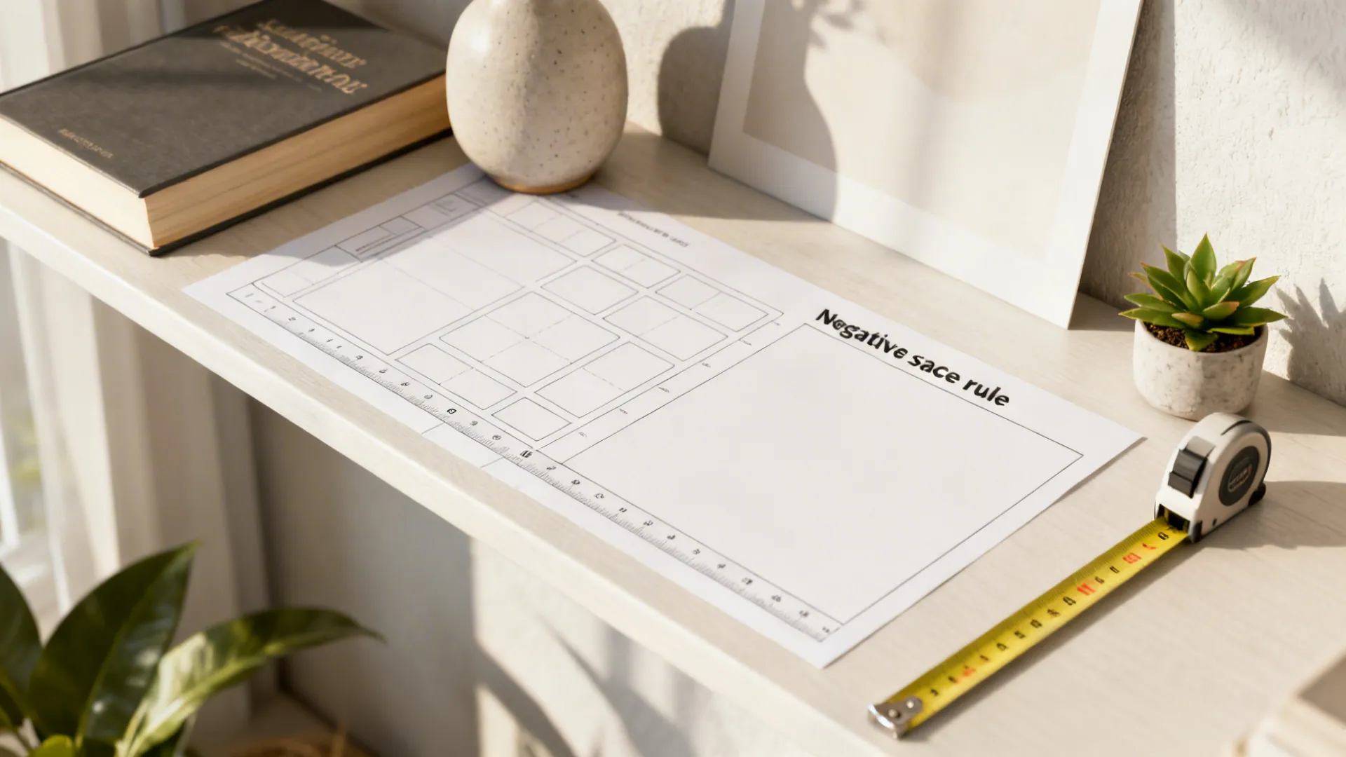 Top-down view showing shelf styling tools: paper templates, tape measure, and starter items demonstrating spacing rules.