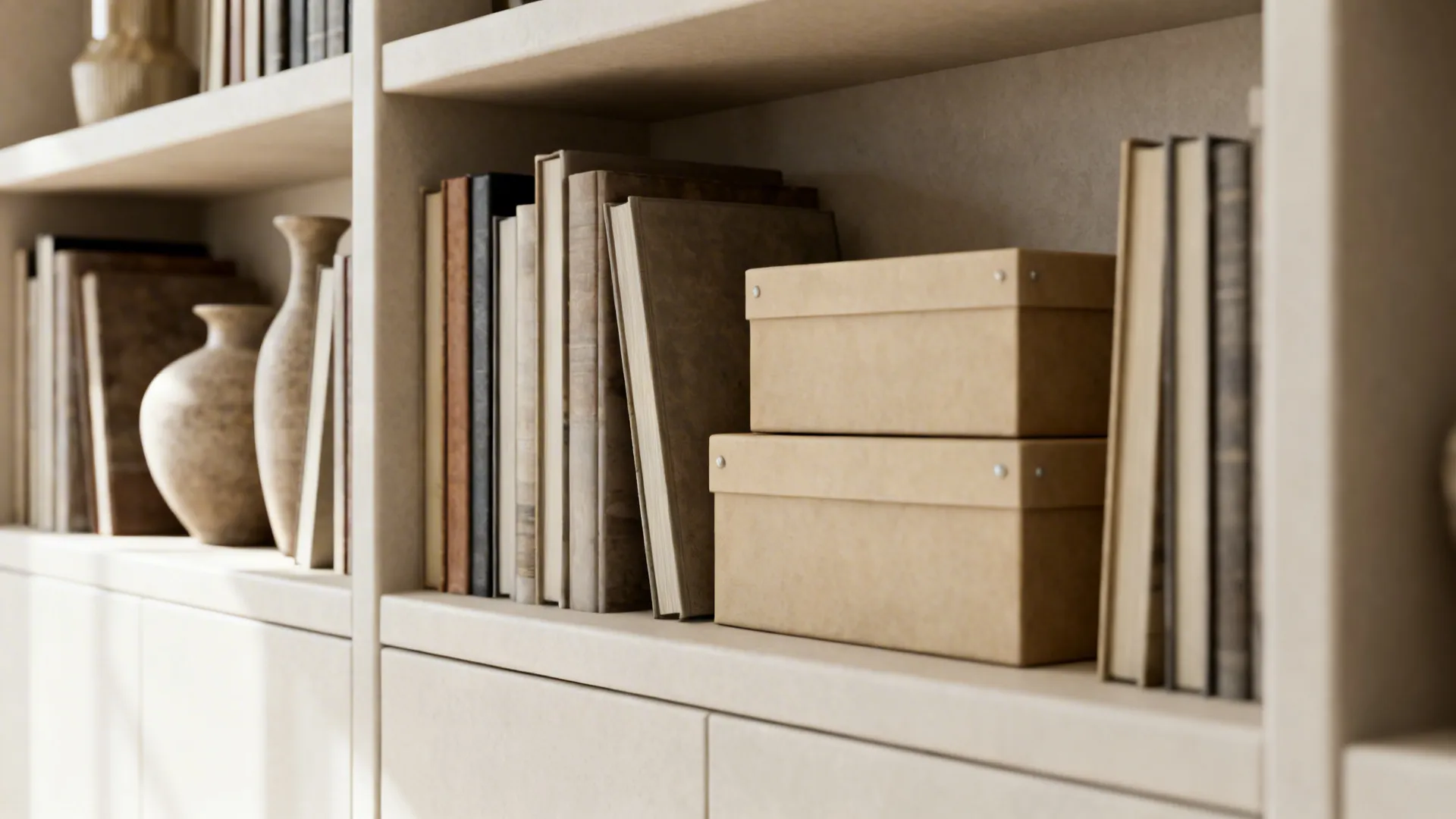 Styled built-in shelves showing a balanced mix of books, objects, and closed storage for neat appearance