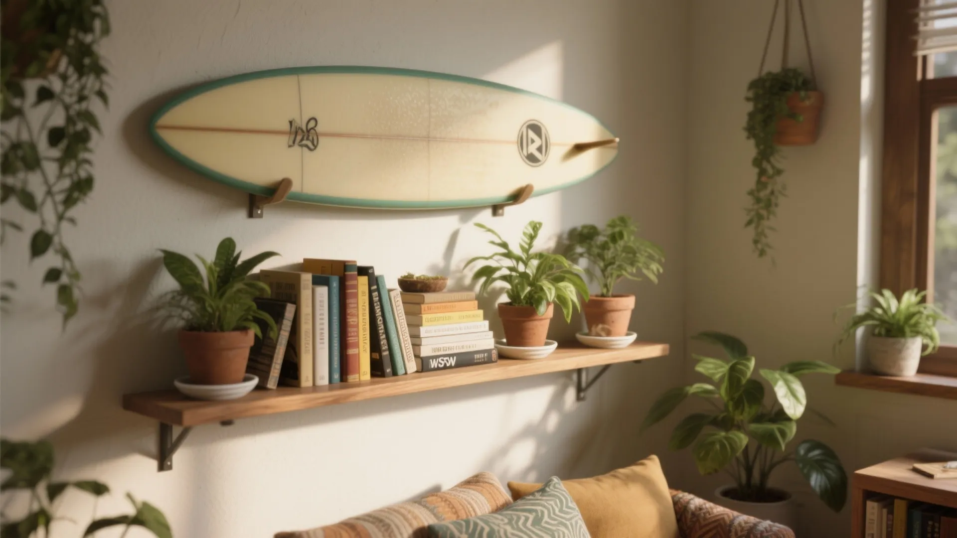 Surfboard mounted on a wall above a wooden shelf with green potted plants and books
