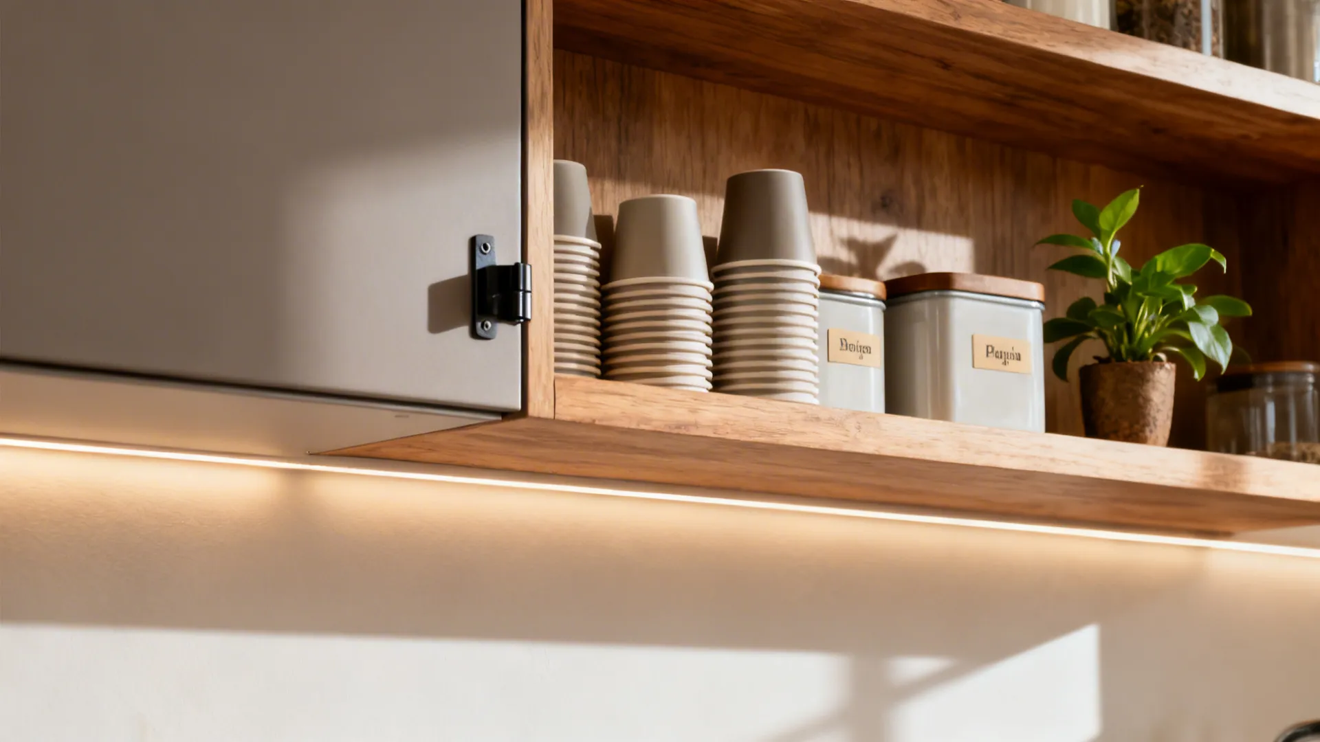 Close-up of a tidy floating shelf tea station with cups and canisters.