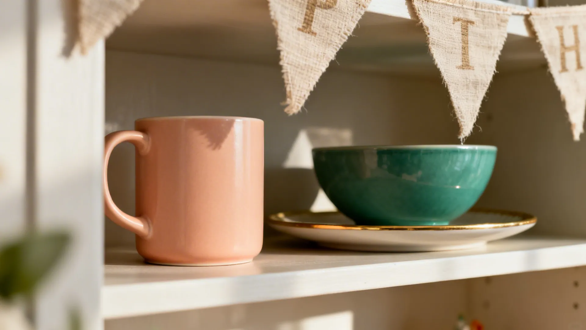 Close-up of peach and emerald ceramics with a gold accent on a kitchen shelf under soft light.