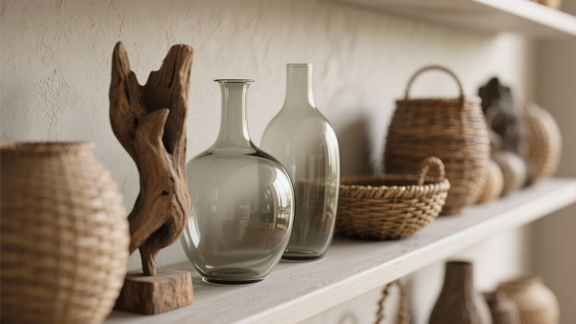 Close up of glass bottles and woven baskets on a wooden shelf with a rustic vase