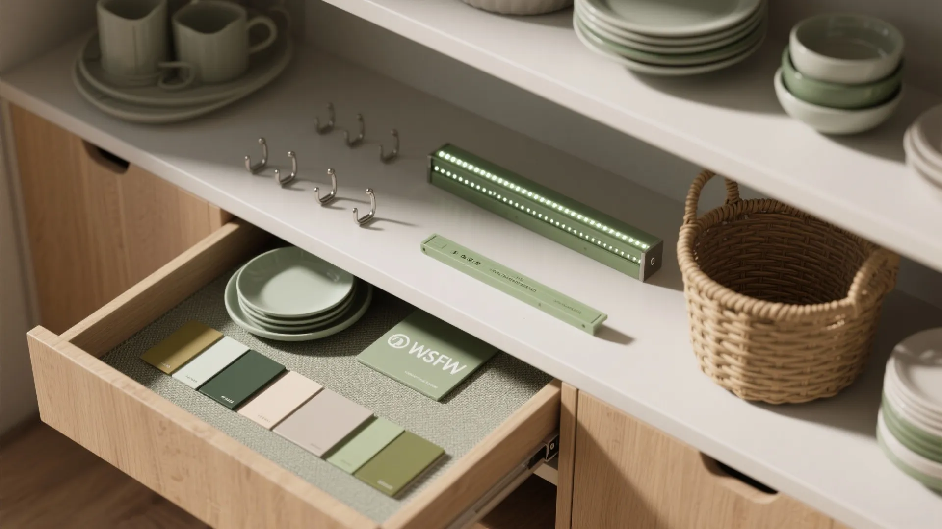 Open wooden drawer with color swatches next to a shelf with hooks and green lights