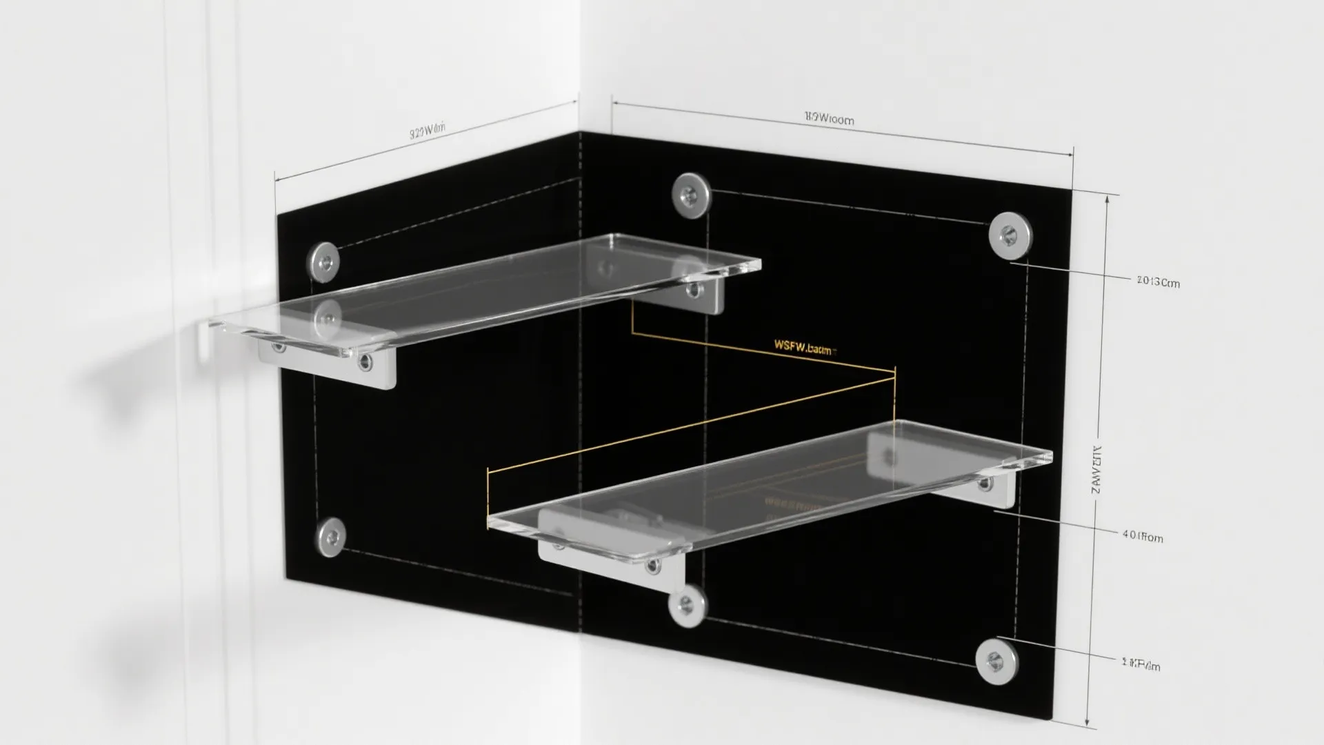 Interior design drawing showing two glass wall shelves with measurement lines on a black background