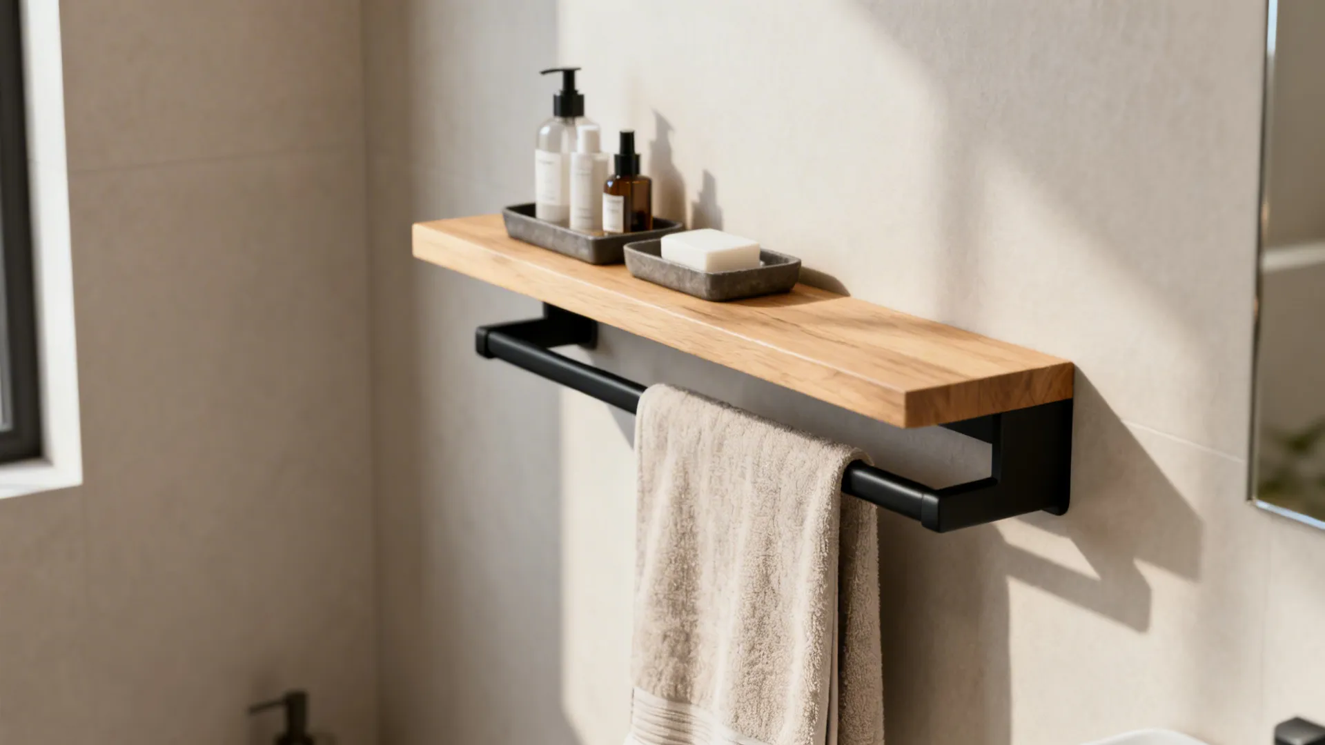 Wooden shelf with black towel bar holding a beige towel in a modern bathroom setup