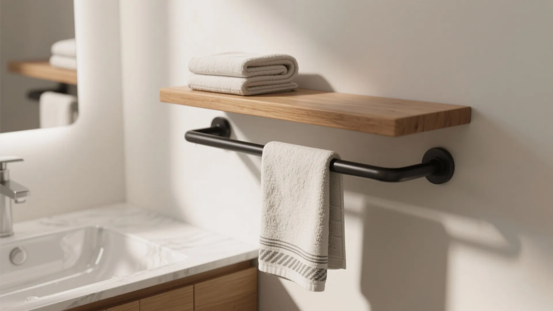Modern bathroom with wooden shelf white towel black metal rail marble counter and white sink