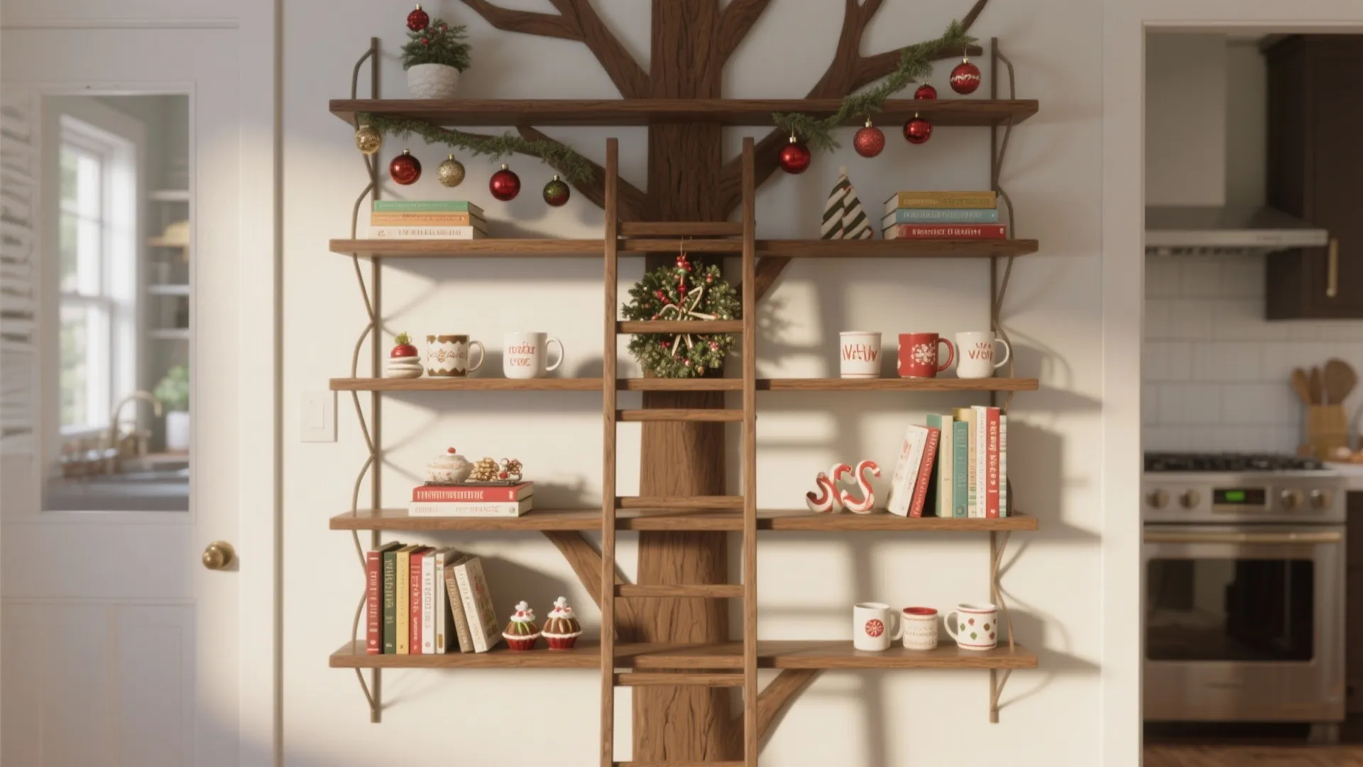 Wooden wall shelf shaped like a tree decorated with books mugs and red holiday ornaments