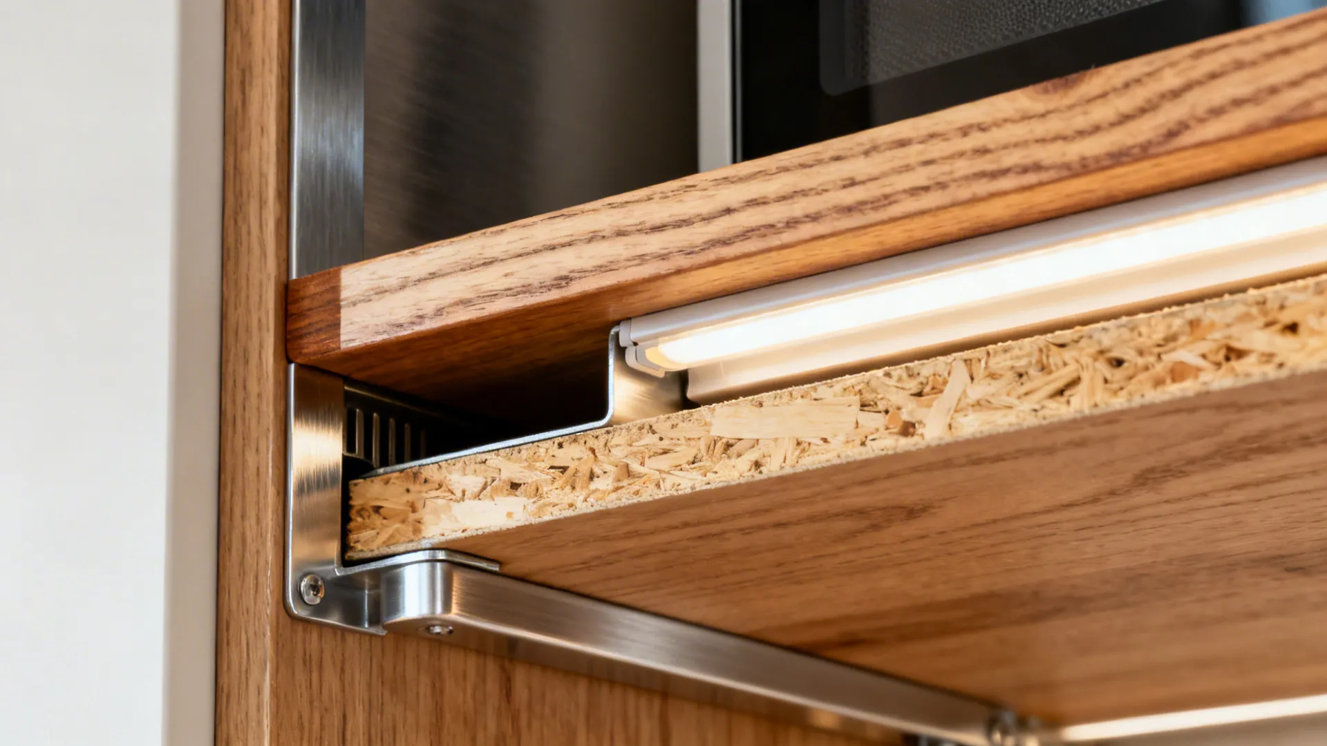 Close-up showing hidden brackets, rear vent gap, and LED light rail beneath a microwave shelf.