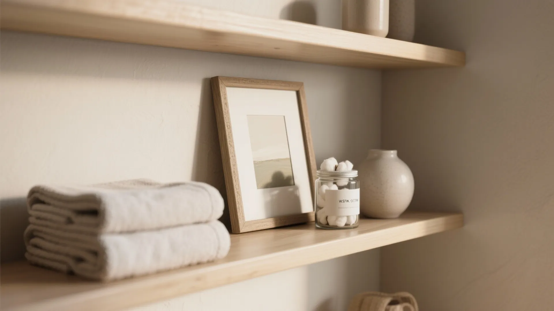 Minimalist wooden wall shelves with folded white towels and a small framed picture in bathroom