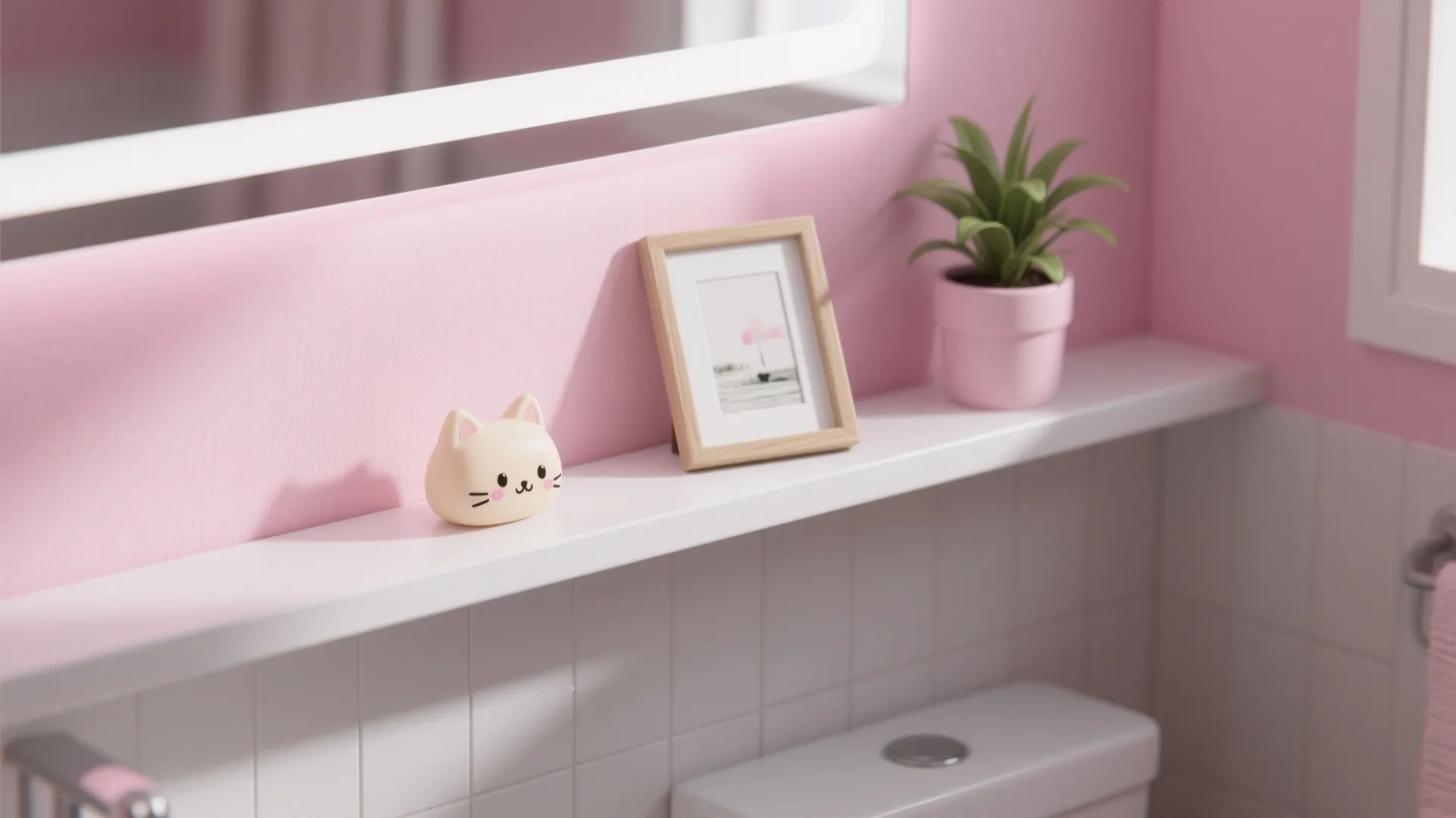 Floating shelf vignette with generic cat-shaped soap, framed mini print and small plant in a tidy pastel bathroom.