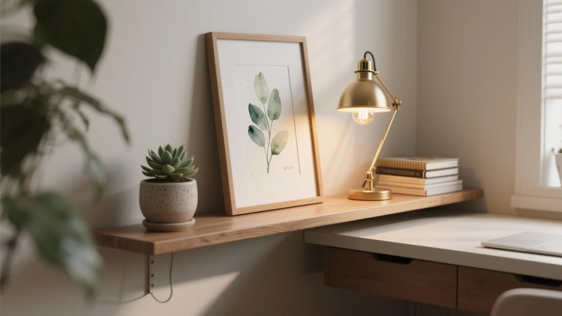 2. Desk-adjacent floating shelf vignette
