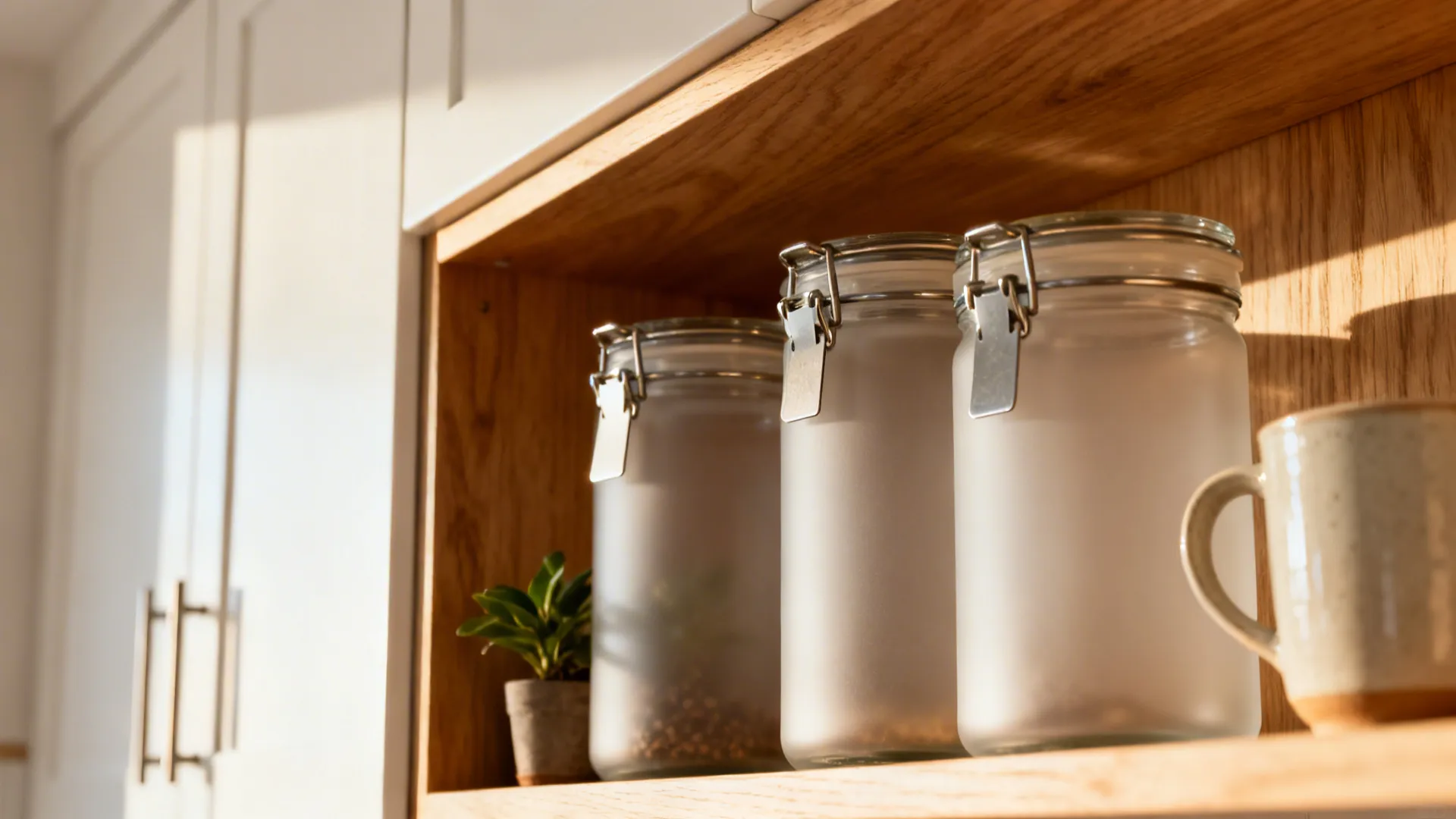 Macro view of a light oak open shelf with labeled glass canisters and a small plant.
