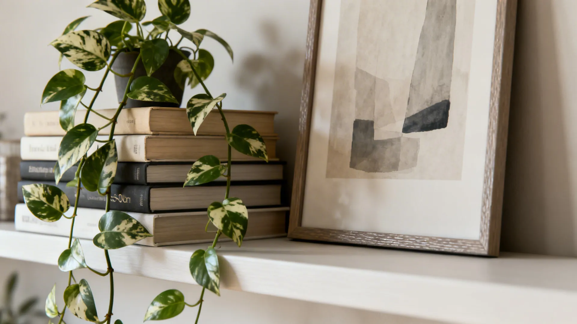 White shelf with a stack of books a green trailing plant and a framed picture