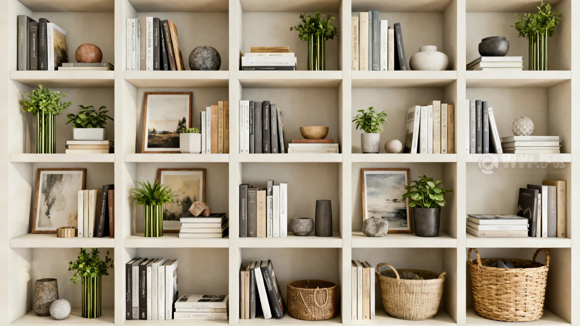 Large white grid bookshelf filled with books small plants framed art decorative bowls woven baskets