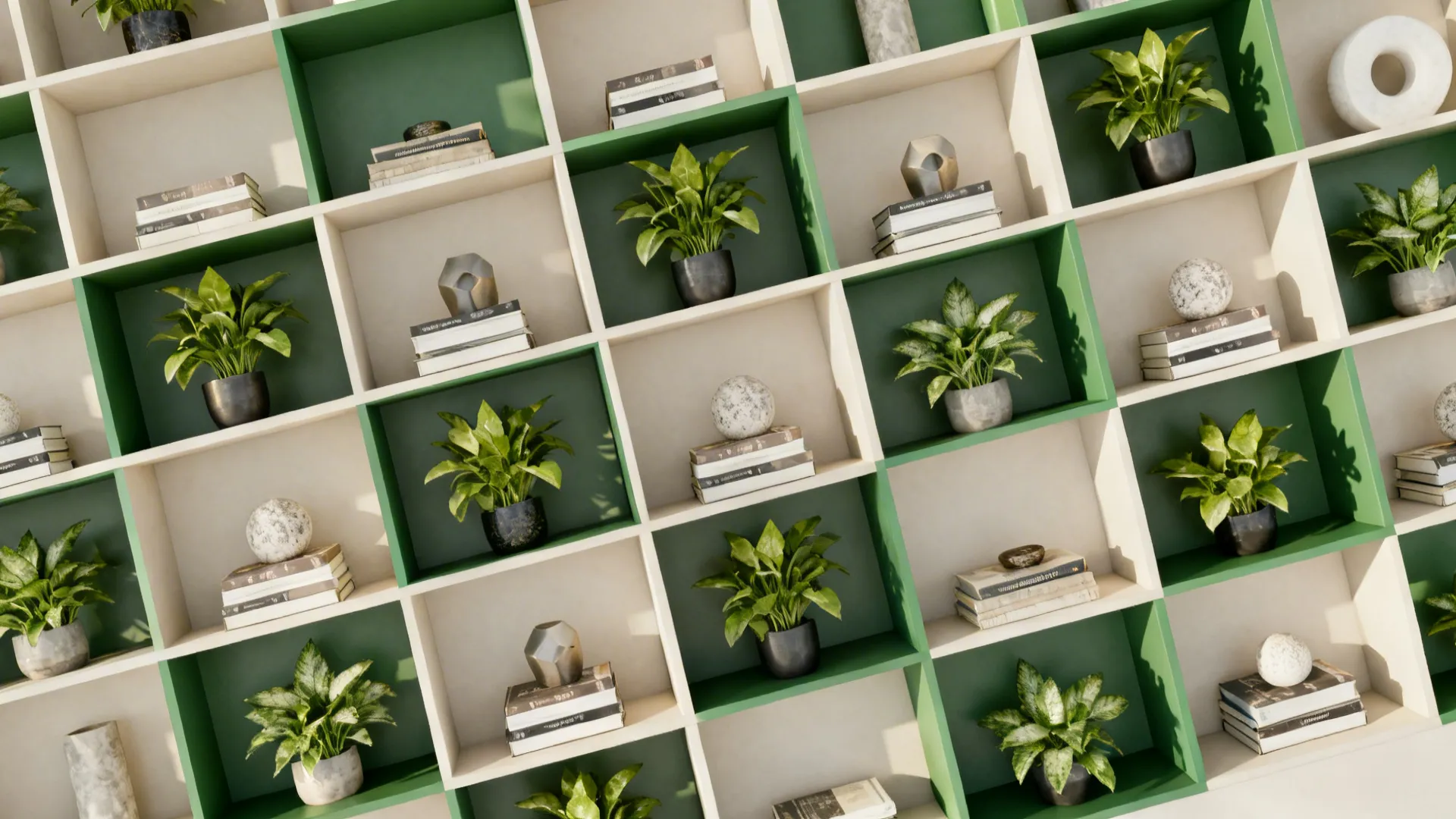 Multiple shelf compartments arranged as small vignettes with a plant, books, and a decorative object each.