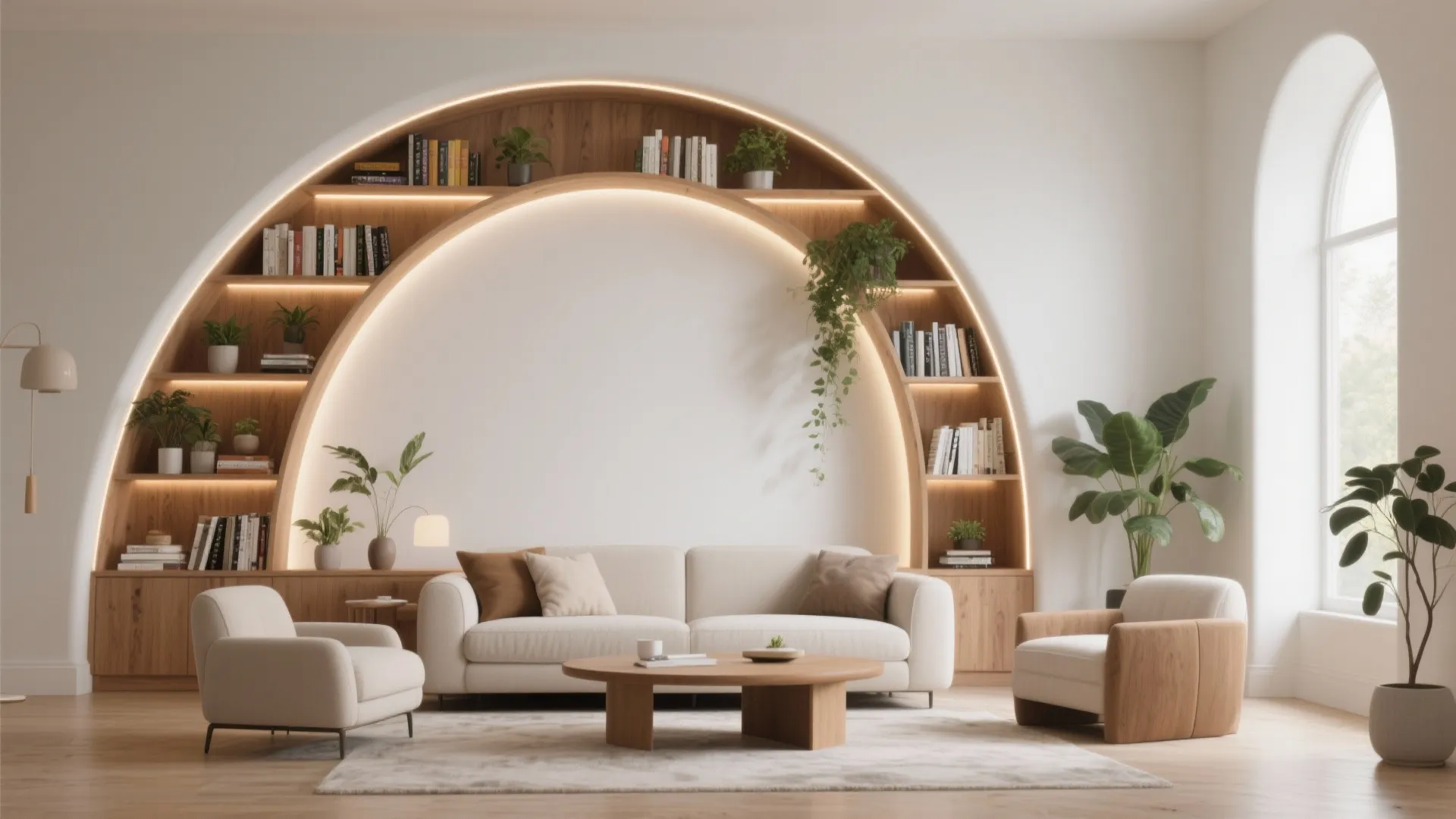 Modern living room with a large arched shelf white sofa two armchairs and green plants