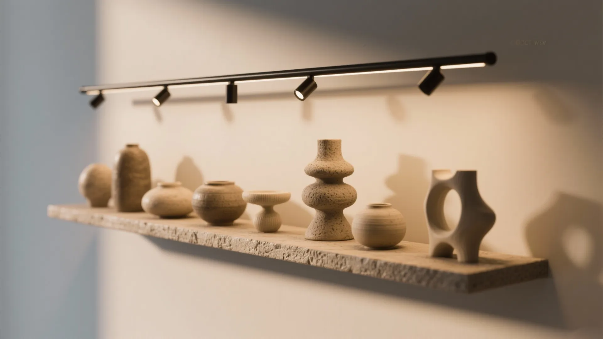 Floating shelf illuminated by a slim track above, highlighting ceramics and textured objects with sculptural shadows