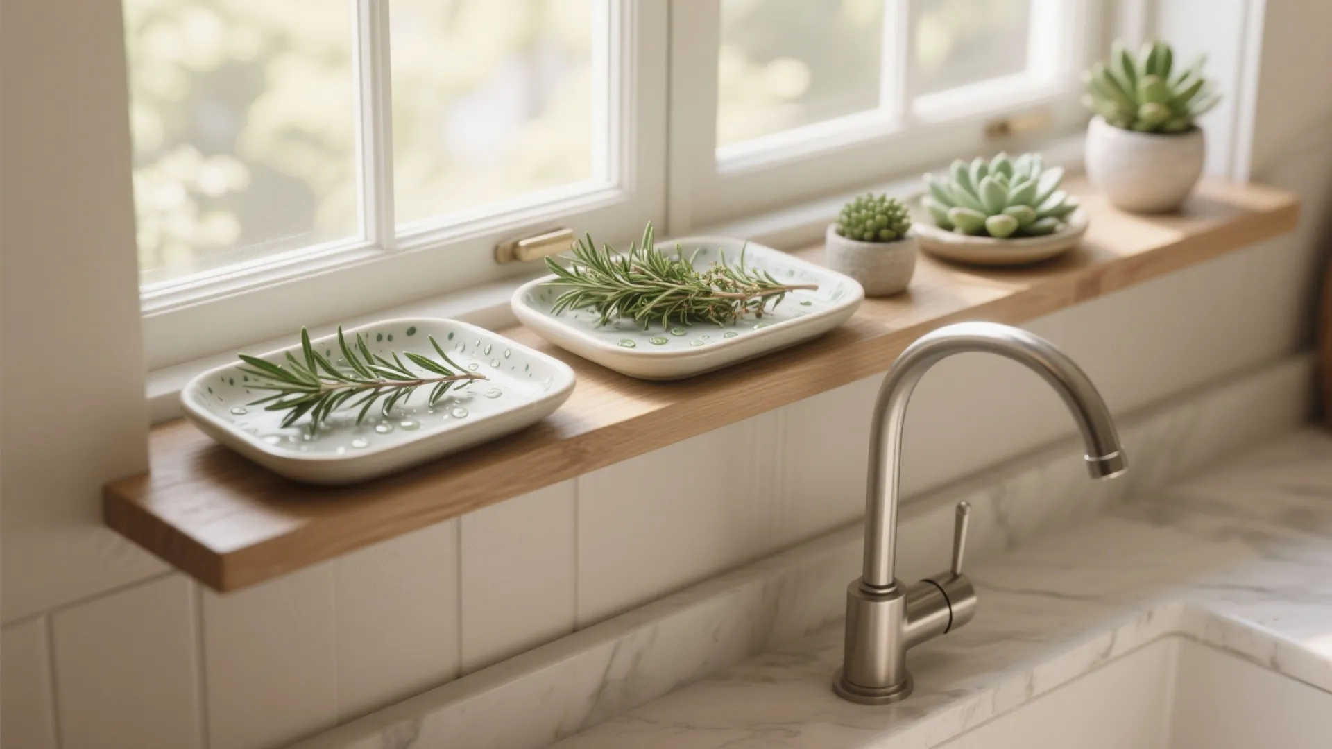 Close-up of a slim floating shelf on a kitchen window with shallow ceramic herb trays.