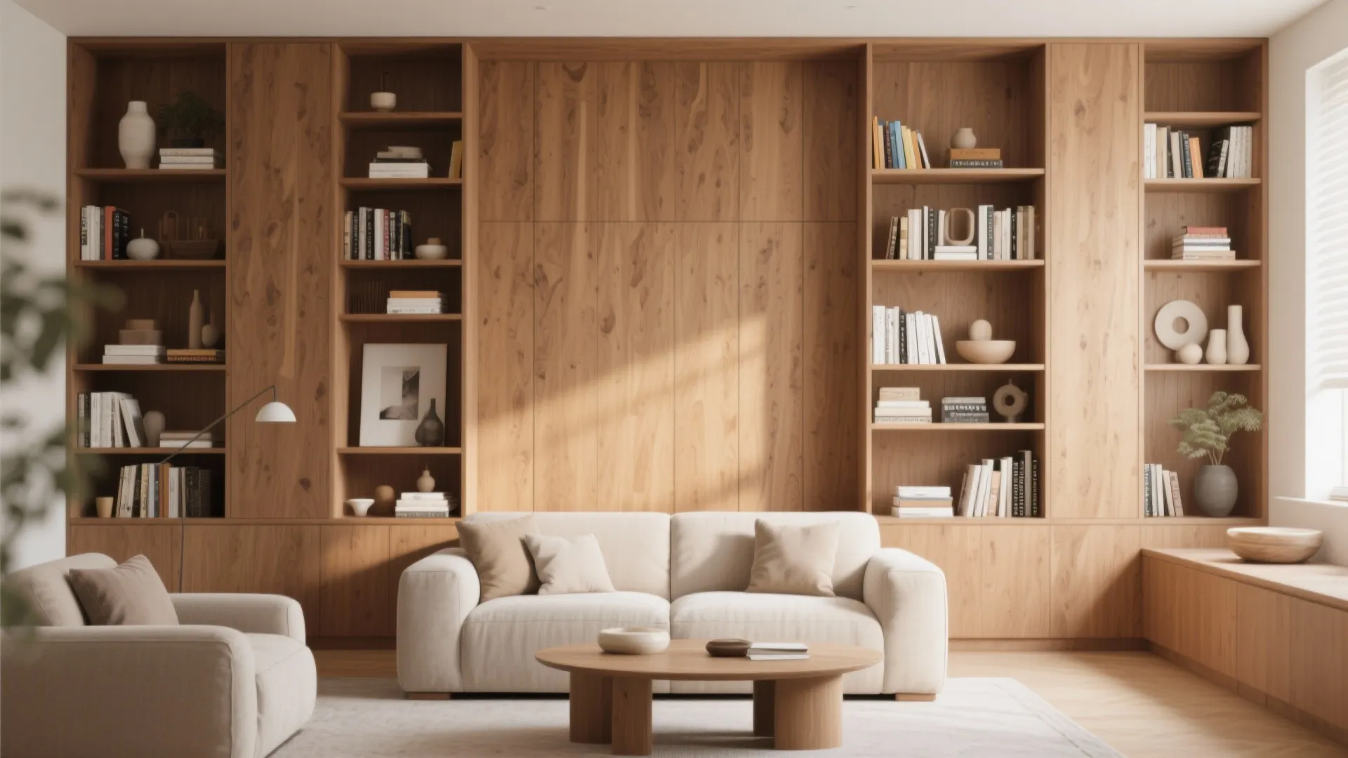 Modern living room with light wood bookshelf wall white sofa wooden coffee table and rug