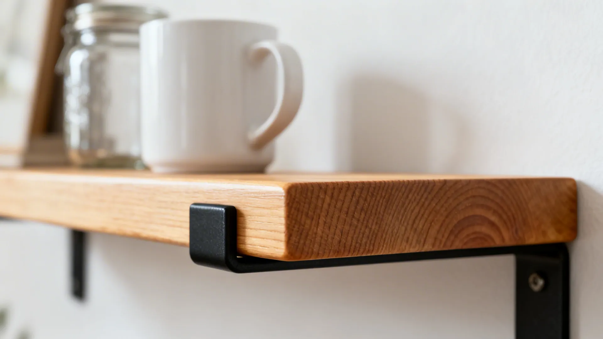 Close-up of pine shelf edge and metal bracket showing natural grain and satin finish.