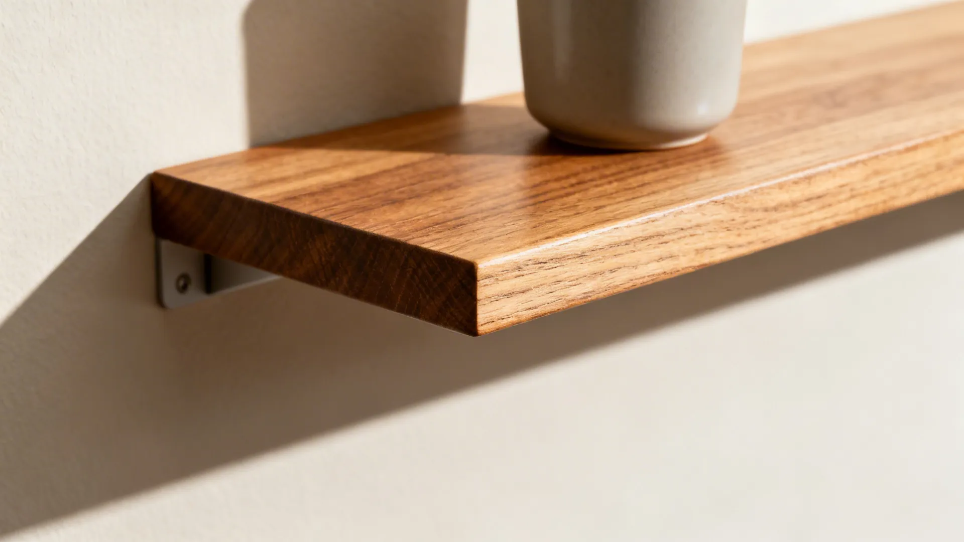 Macro of slim oak shelf with fine grain and matte ceramic under soft daylight.