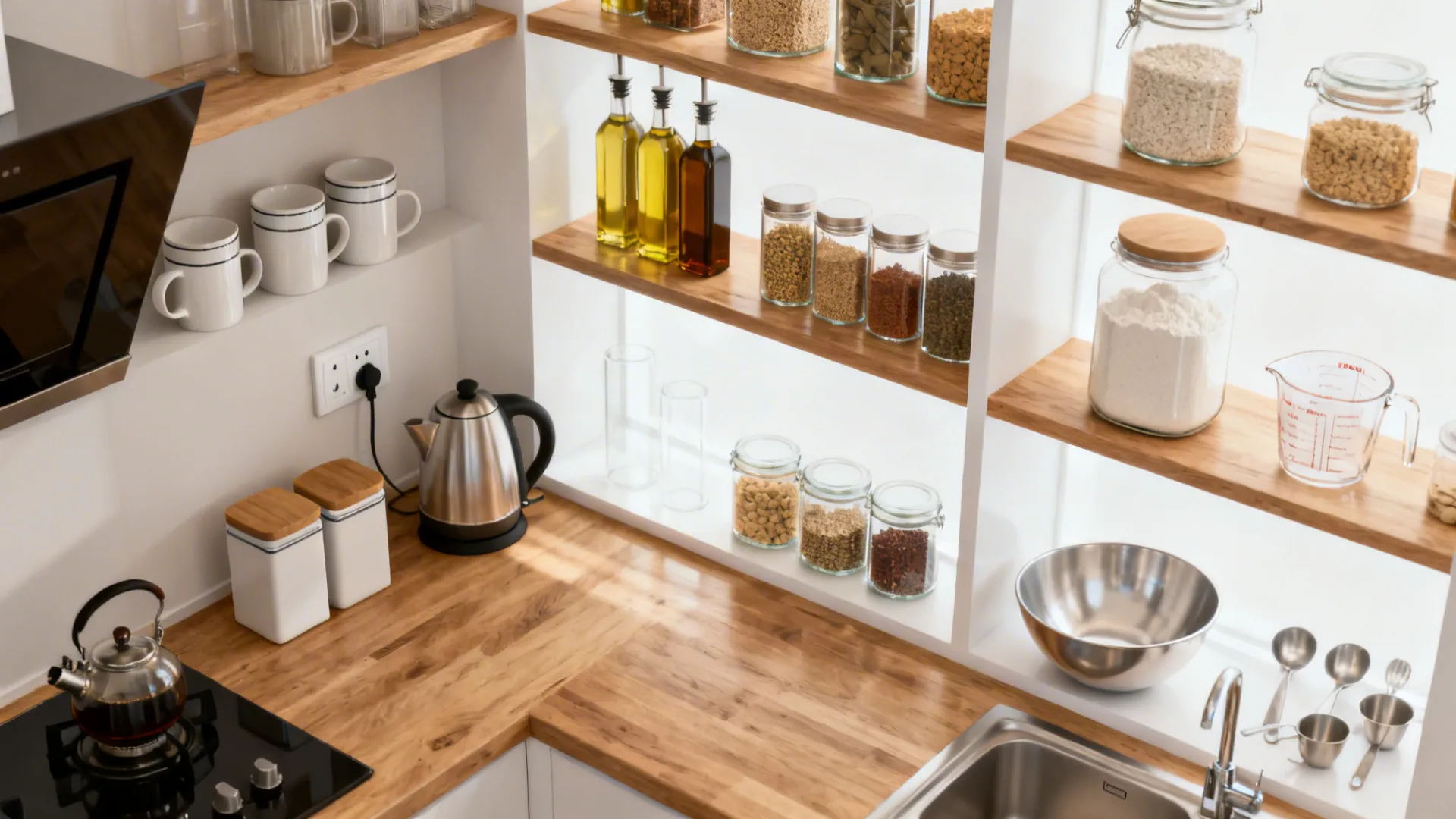 Modern kitchen with wooden counters stove kettle and shelves organized with glass jars and oil bottles