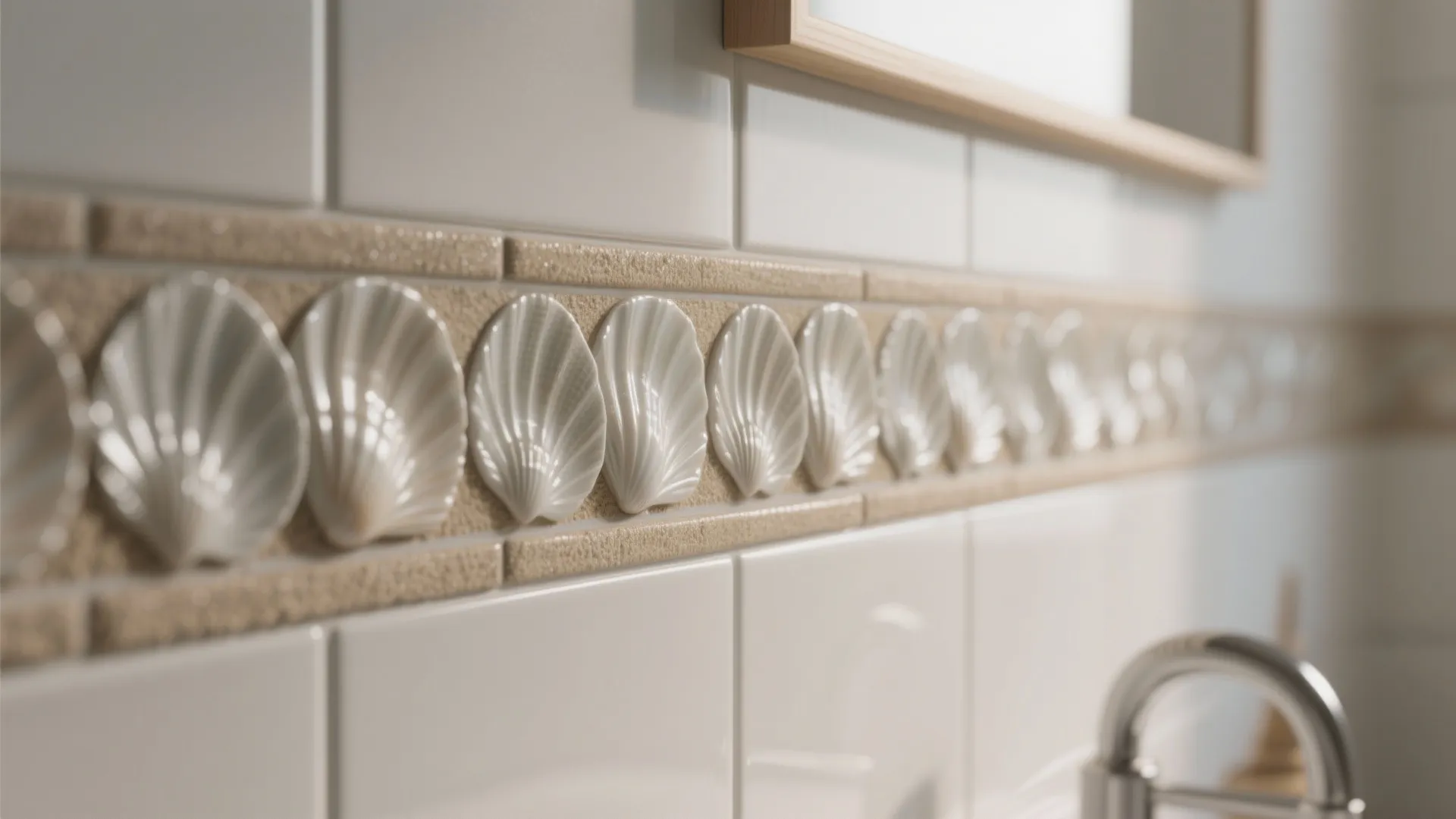 Close-up shell-pattern tile accent strip with sand grout on a coastal bathroom wall.