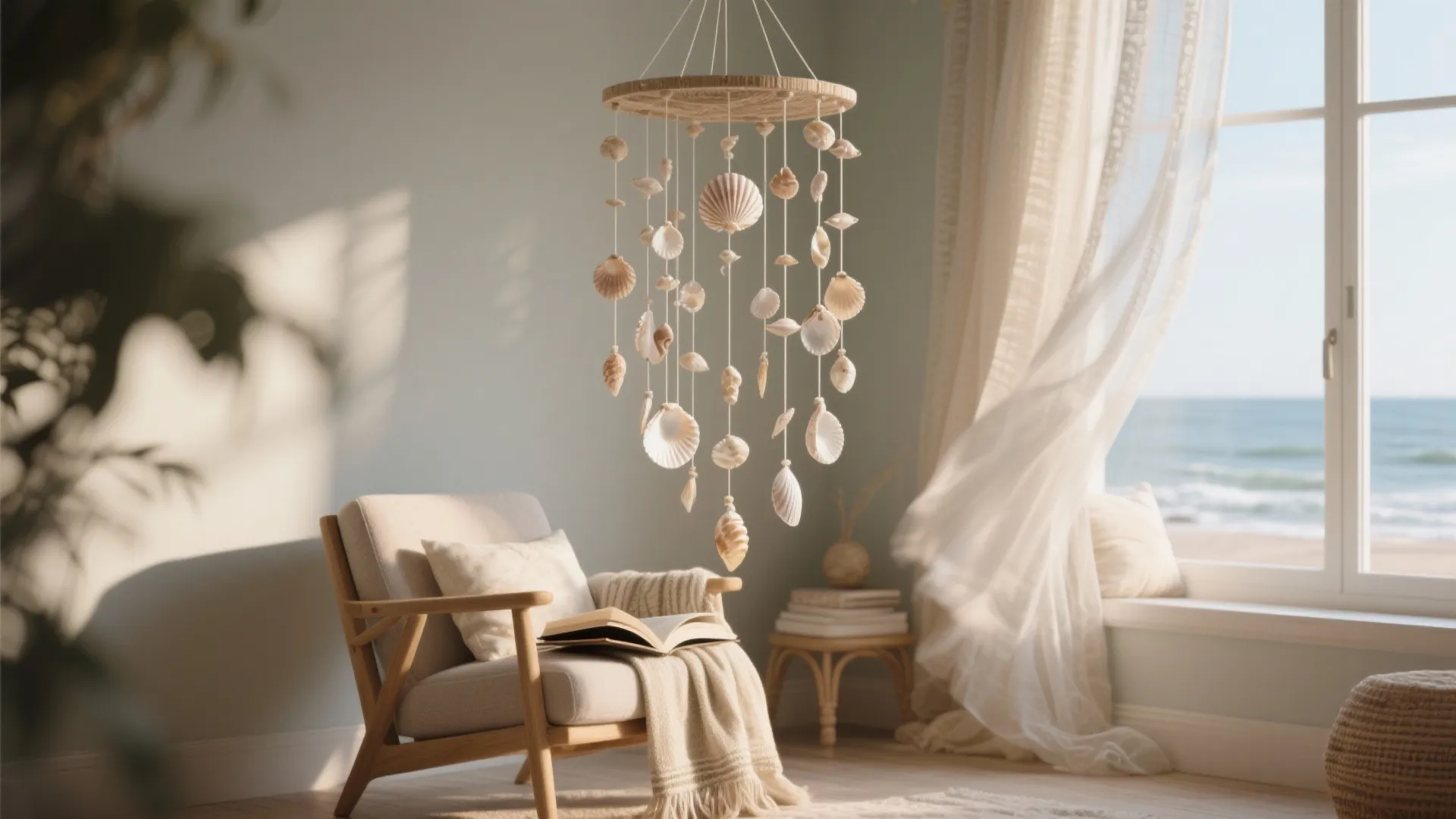 Coastal living room with shell ceiling light armchair open book and beach view through window