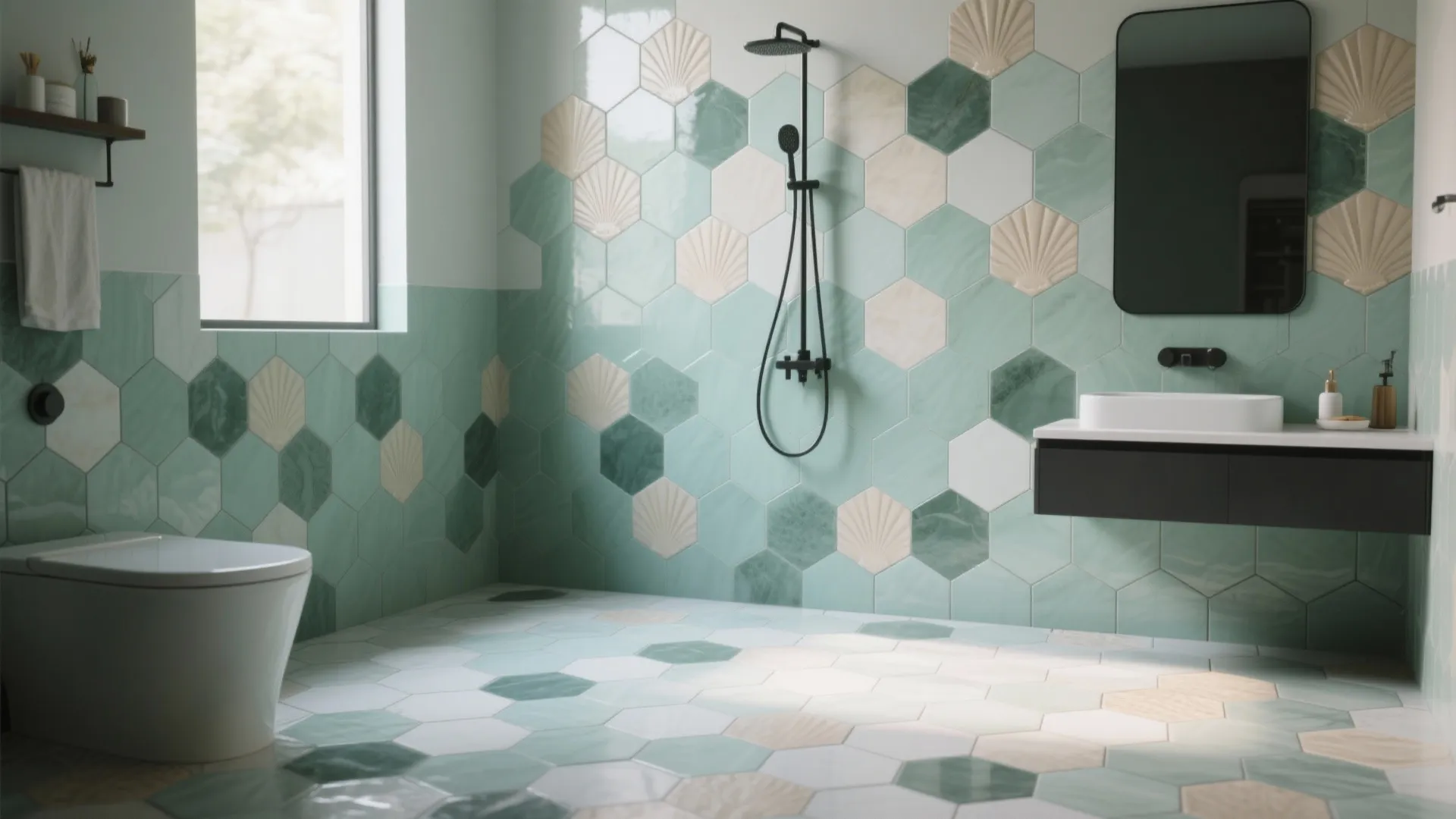 Bathroom with large hex tiles in sea-glass greens and beiges, subtle gloss-matte mix, and crisp epoxy grout lines.