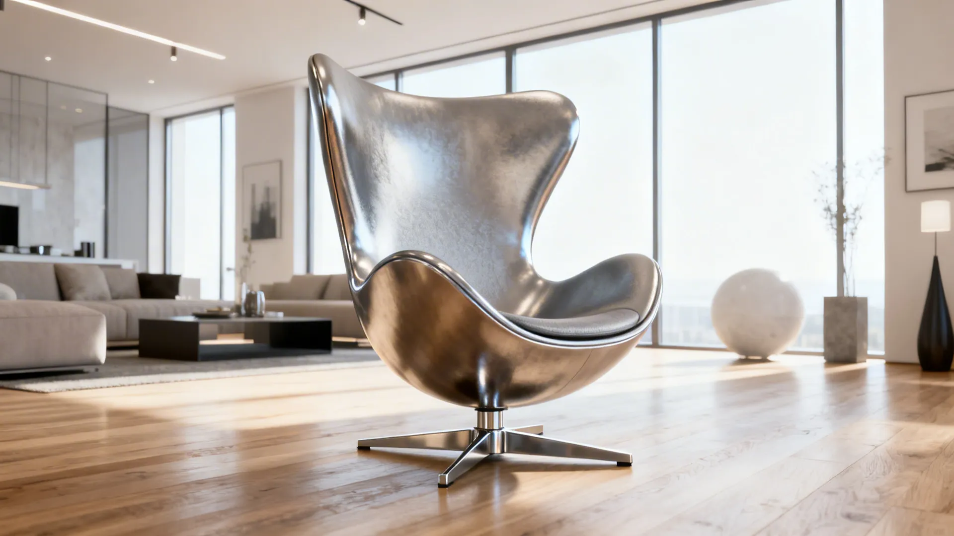 Modern shell swivel chair with metal base in an open-plan living room, acting as a sculptural focal point.