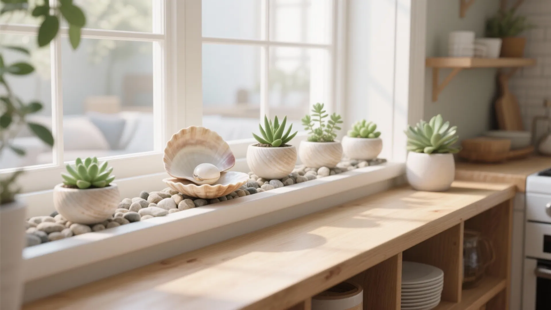 Small green succulent plants and sea shells on a sunny kitchen window sill with pebbles