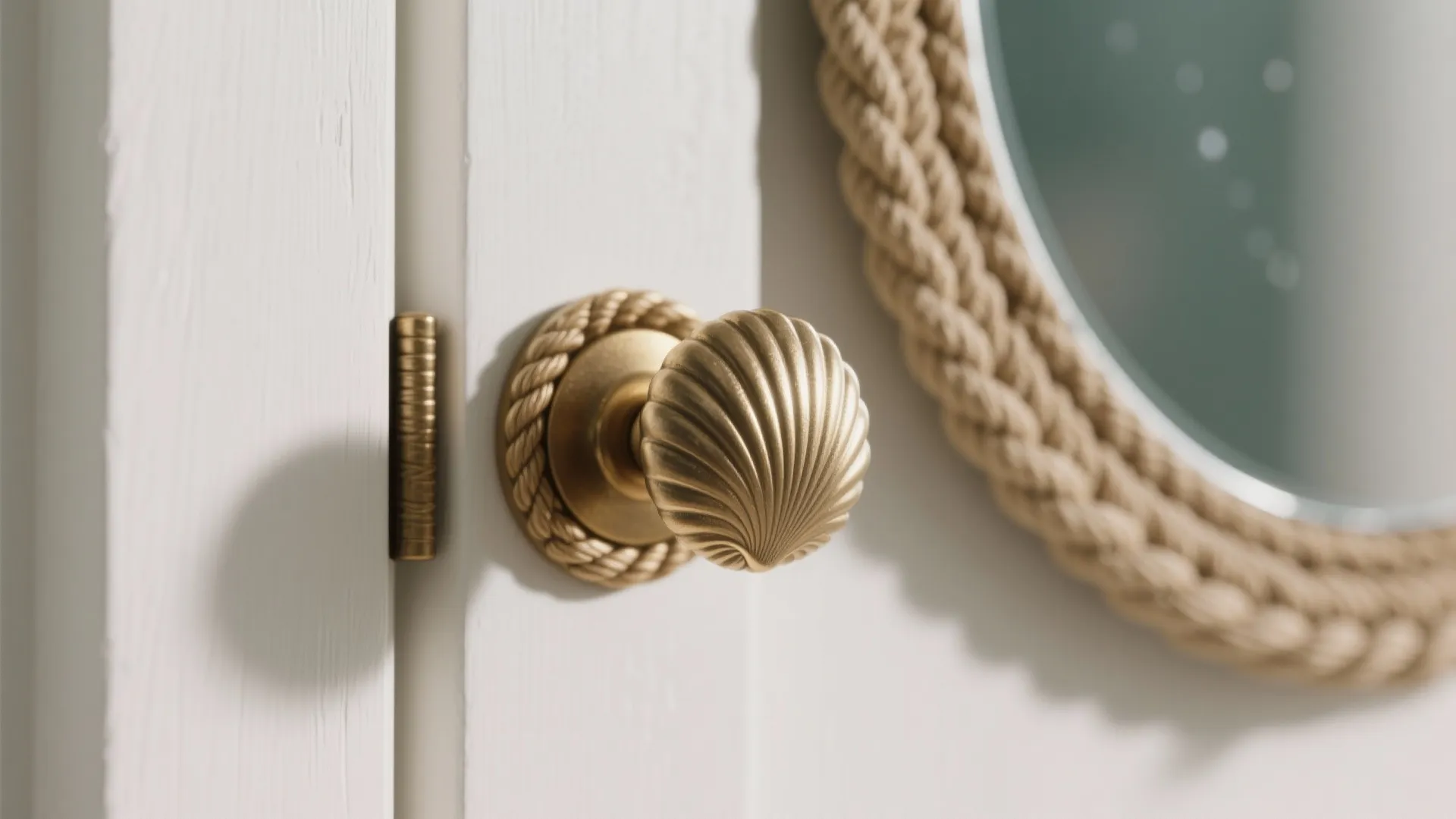 Golden shell shaped door knob on a white door next to a rope framed round mirror