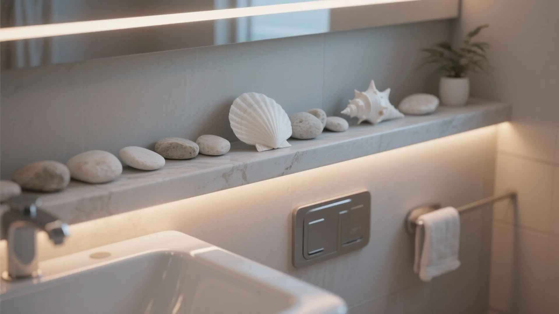 Seashells and smooth grey stones arranged on marble ledge above white sink in modern bathroom