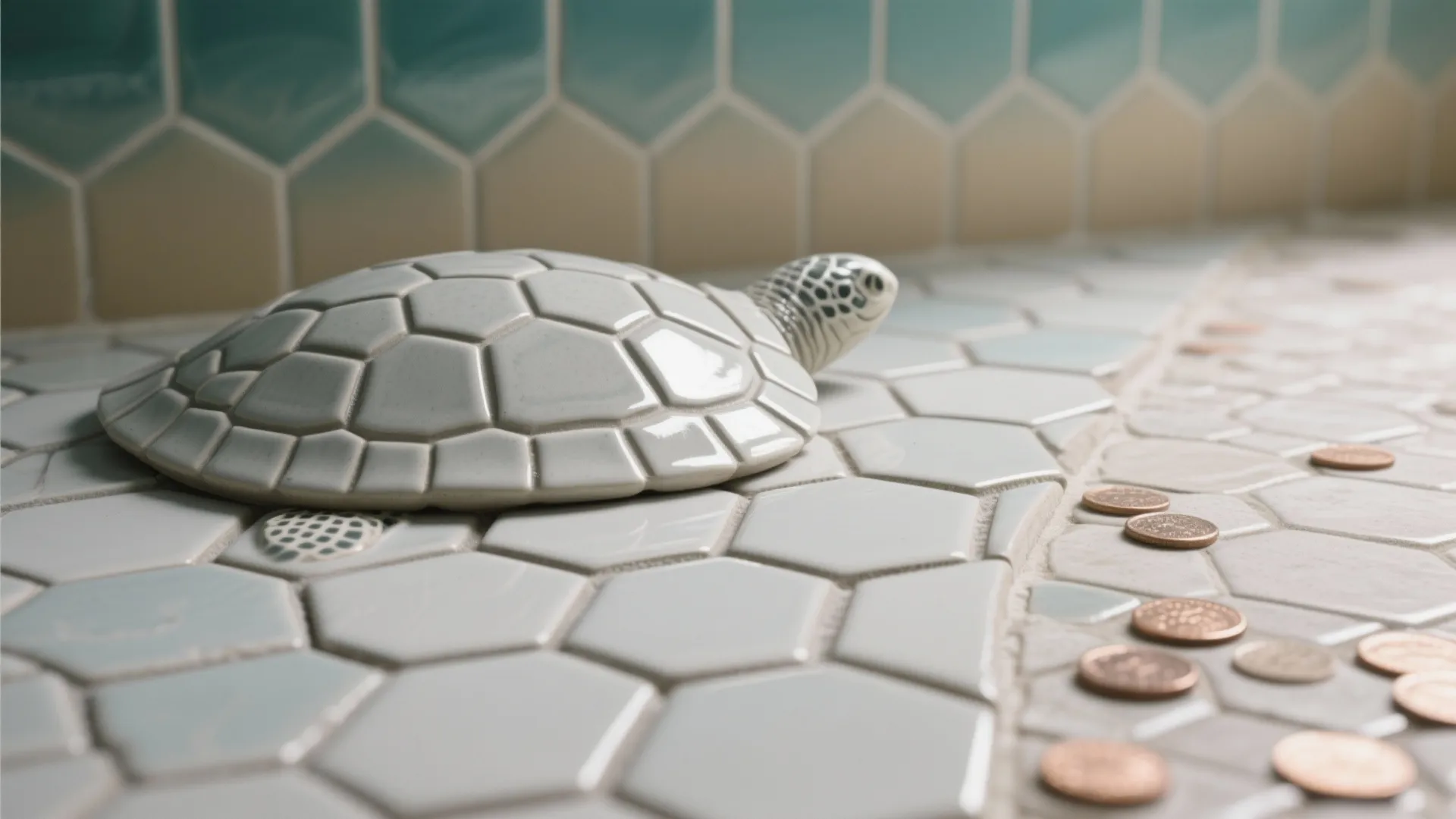 Macro detail of hex mosaic and penny tile with light gray grout, fading from sand to teal.