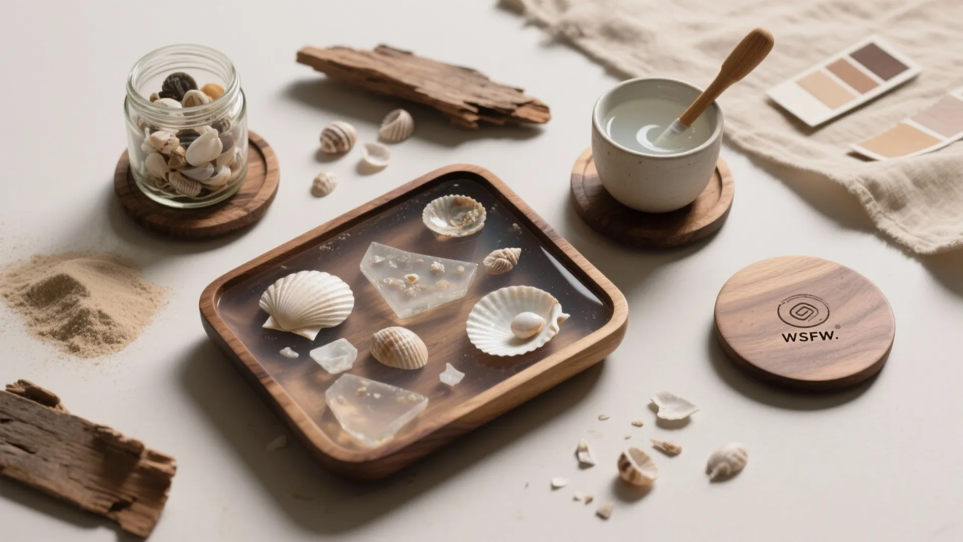 Wooden tray with shells and glass pieces on table with sand wood and color swatches