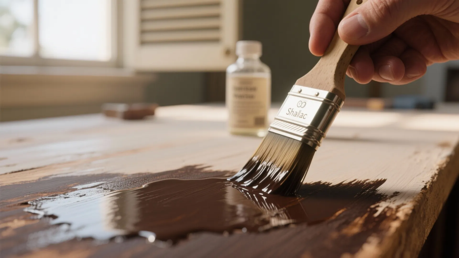 Hand holding a brush to apply dark wood stain onto a natural wooden table surface